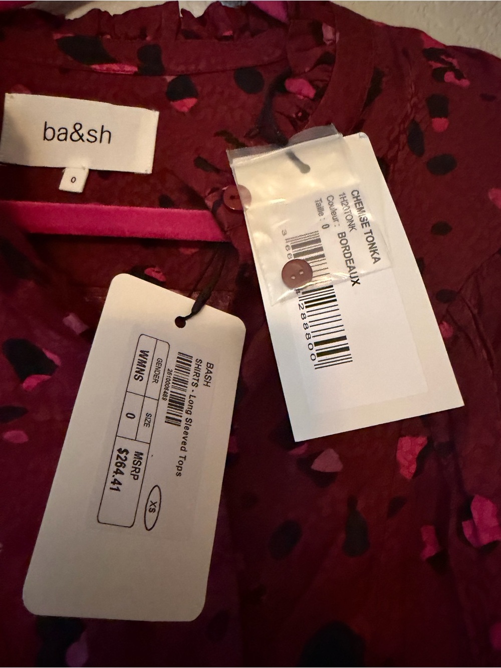 ba&sh Burgundy Printed Button-Front Blouse with Pink and Black Accents - Picture 2 of 6